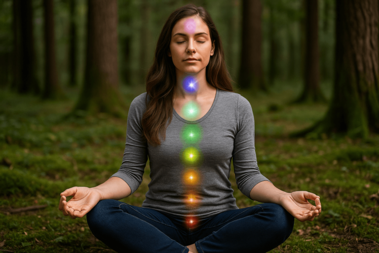 Woman meditating to heal unbalanced chakras in the forest