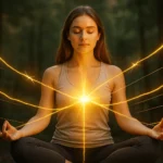 Woman meditating with golden light cutting energetic cords around her