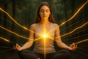 Woman meditating with golden light cutting energetic cords around her