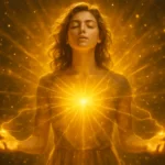 Woman glowing with golden energy in a high vibrational state, manifest abundance energy