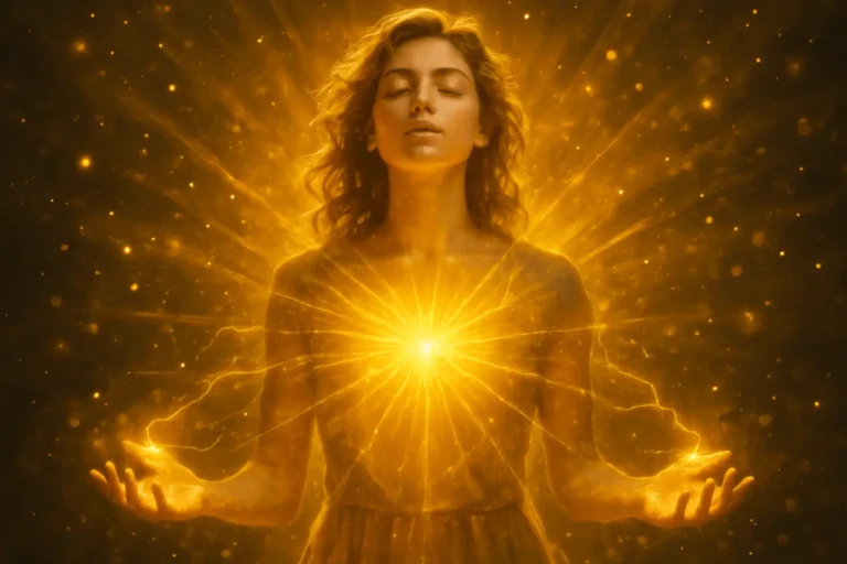Woman glowing with golden energy in a high vibrational state, manifest abundance energy