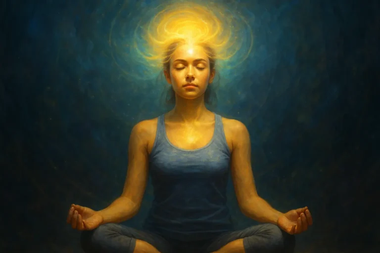 Woman meditating with glowing light around her head symbolizing subconscious reprogramming for spiritual awakening
