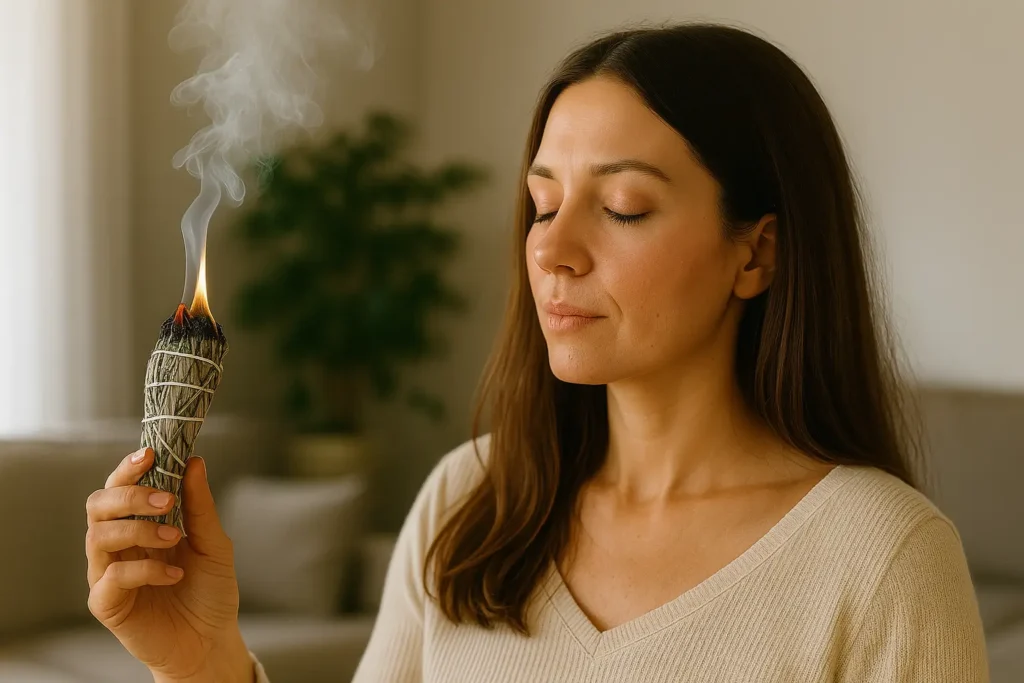 Woman smudging to cleanse negative energy from her home
