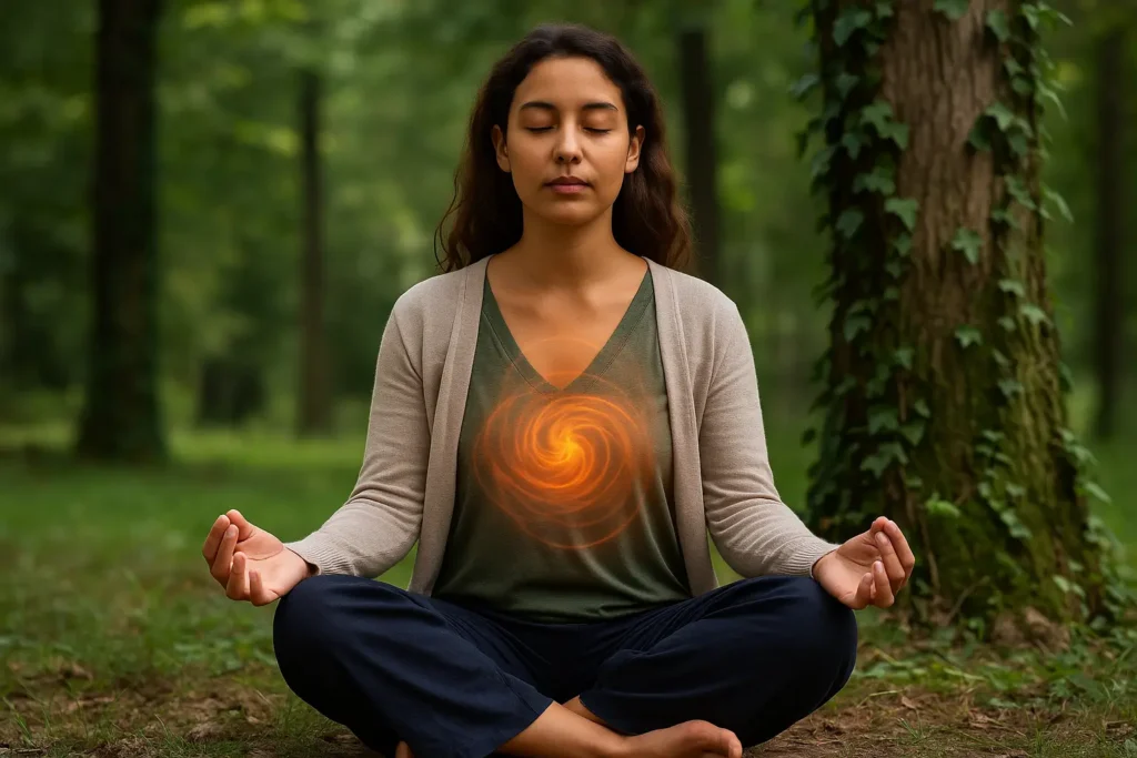 Woman meditating to release ancestral patterns and emotional blocks