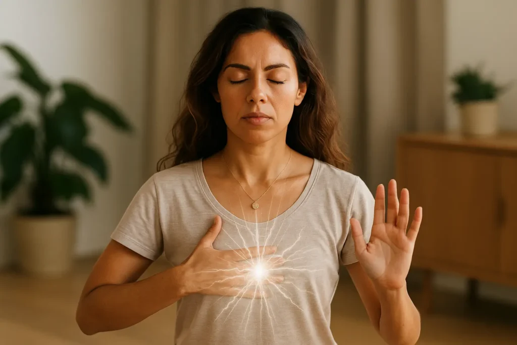 woman breaking subconscious self-sabotage patterns through energy work