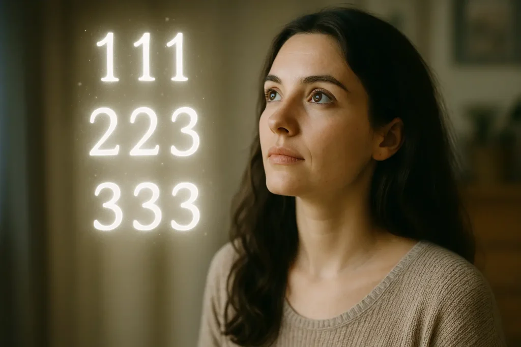 Woman seeing angel numbers and learning the spiritual meaning of repeating numbers
