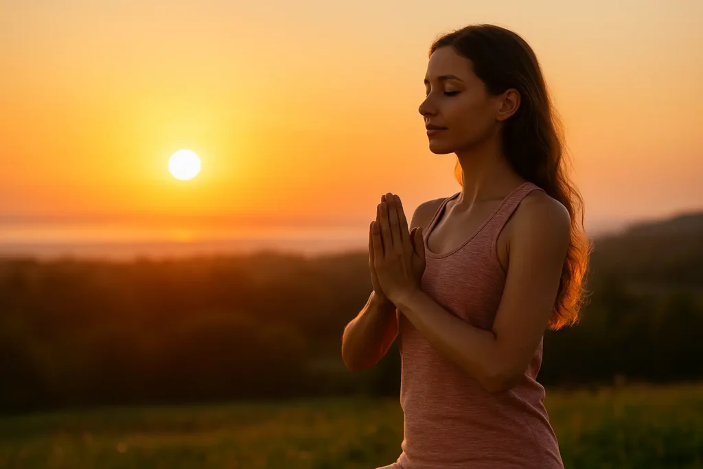 Woman practicing high-vibration morning rituals at sunrise